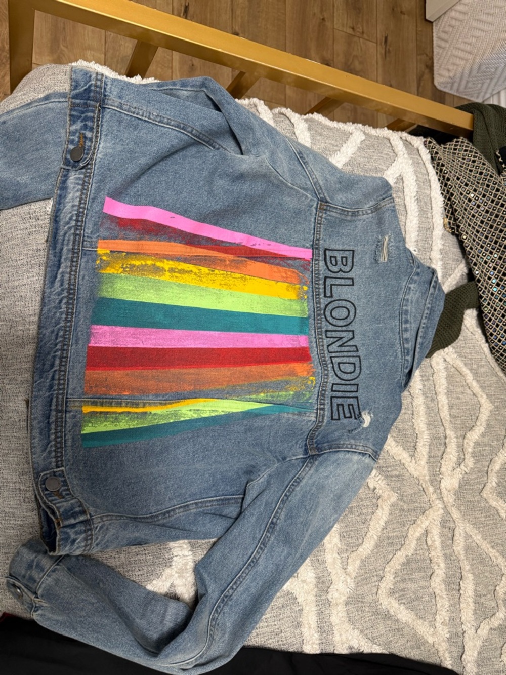 Judith March Denim Jean Jacket with Rainbow Stripe Design